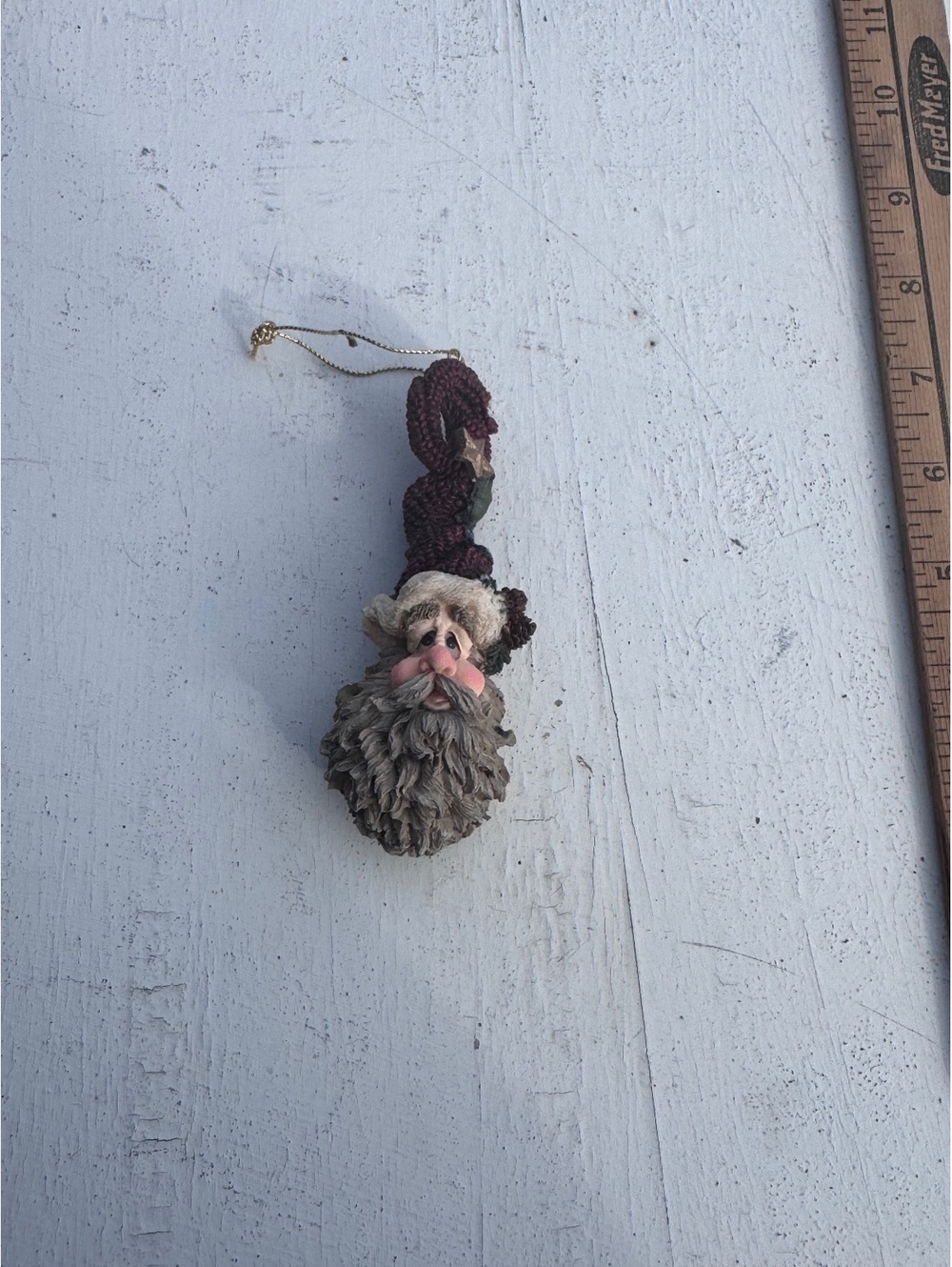 Vintage Style Santa Head Ornament Resin Sculpted Beard Burgundy Hat Christmas 5”